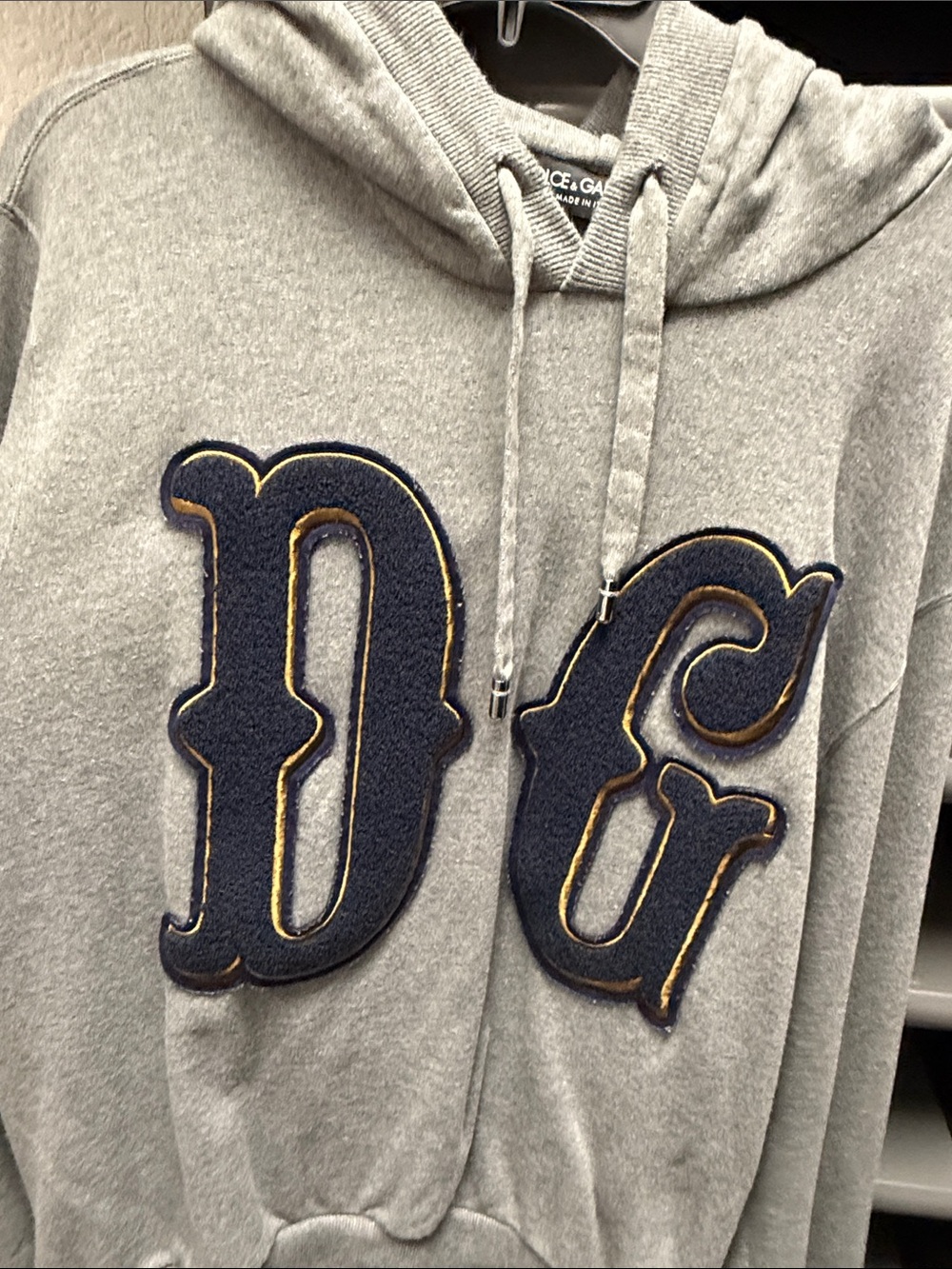 Dolce & Gabbana Gray Hoodie with Navy and Gold DG Appliqué